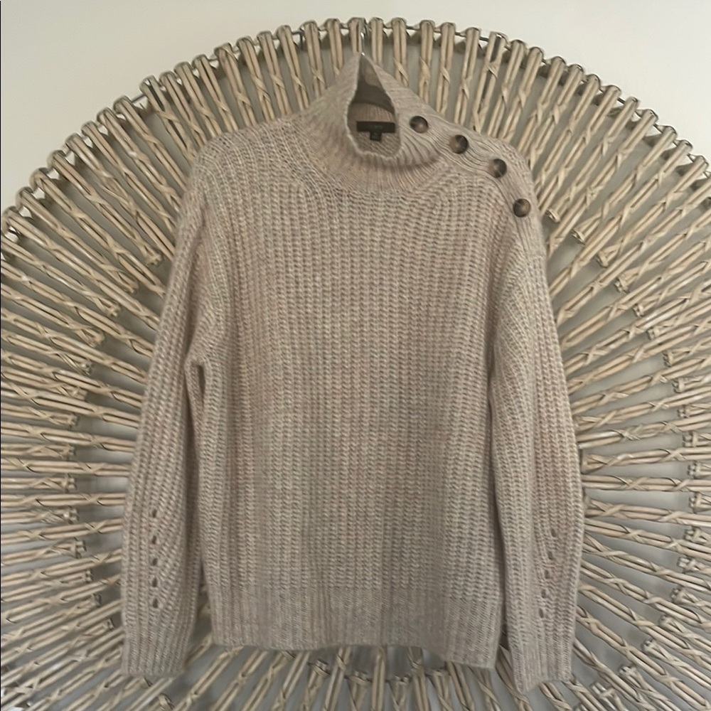 Cream Cowl Turtleneck Sweater with Ribbed Knit and Long Sleeves